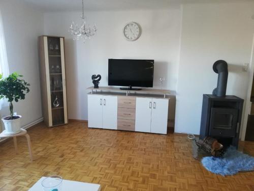 a living room with a flat screen tv and a stove at Apartment Graz Lustbuhel in Graz