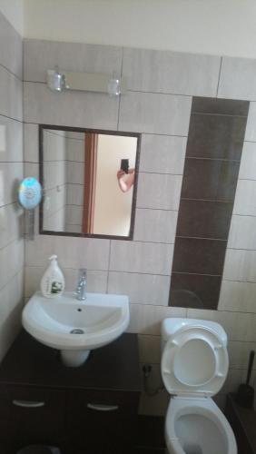 a bathroom with a sink and a toilet and a mirror at Diolkos 2 in Nea Roda