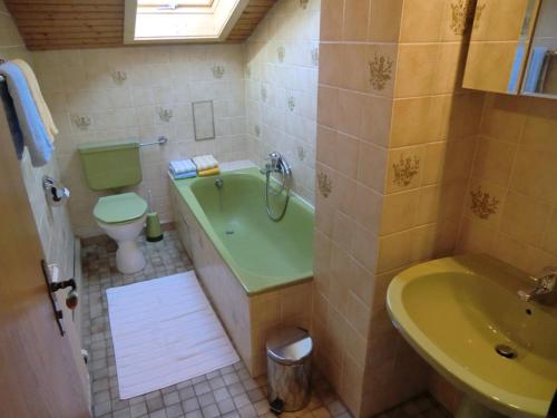 uma casa de banho com uma banheira verde, um WC e um lavatório. em Ferienwohnung Holl em Berchtesgaden