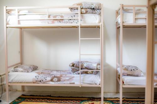 a room with two bunk beds and a rug at HOSTEL NABI BOBO in Samarkand