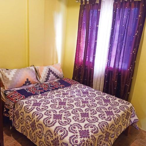 um quarto com cortinas roxas e uma cama com um edredão em Blue Nest Apartment em Manila