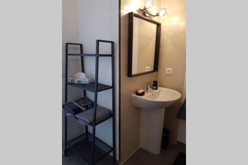 La salle de bains est pourvue d'un lavabo, d'un miroir et d'une étagère. dans l'établissement Appartement le Michel ange, à Briançon
