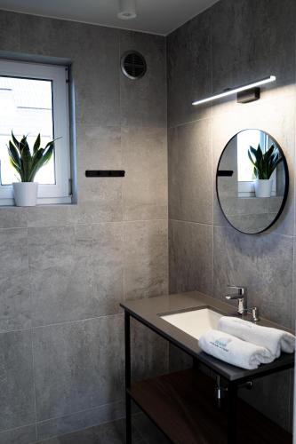 a bathroom with a sink and a mirror at Dream-House in Kopalino