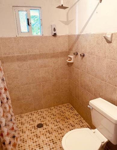 a bathroom with a toilet and a shower at El paraíso de Zacatlán, Departamento con Terraza, 10 pax in Zacatlán