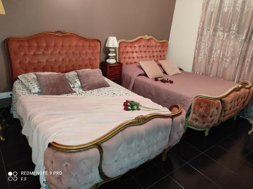 a bedroom with two beds with red headboards at La maison écolo de Nono in Dhuizon
