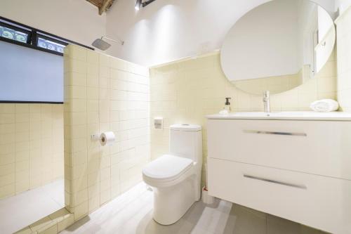 a bathroom with a toilet and a sink and a mirror at Soy Local Primavera in Medellín