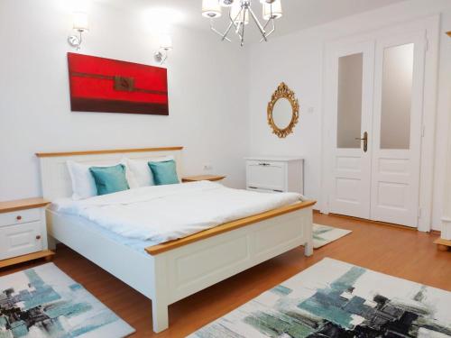 ブラショヴにあるCasa Dușa - Apartament Crisstinaのベッドルーム(青い枕の大きな白いベッド付)