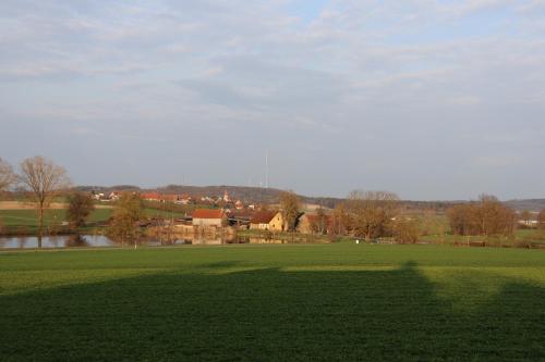 a large green field with a house in the background at Zur Altmühlquelle in Windelsbach