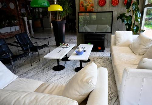 a living room with couches and a tv and a table at Hotel Marina in Marina di Massa