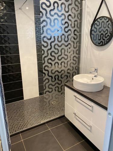 a bathroom with a sink and a shower at La Petite Maison in Saint-Nicolas-du-Pélem