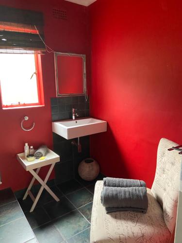 a bathroom with a sink and a red wall at Karoozin Village in Oudtshoorn