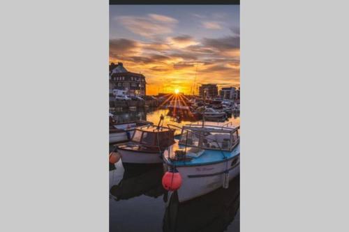 a group of boats docked in a harbor at sunset at Entire Ground Floor Apartment - West Bay in West Bay