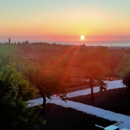 a sunset over a field with trees and a river at LUCCICAMARE family-run BeB in Noto