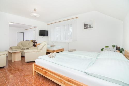 a bedroom with a large bed and a living room at Penzion Anareta in Frýdek-Místek