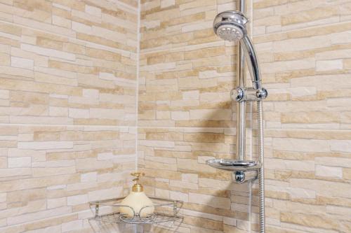 a shower in a bathroom with a stone wall at Sreckovic Apartmani 1 in Kragujevac