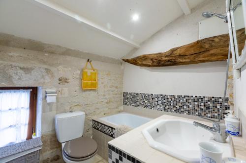 ein Badezimmer mit einem Waschbecken, einem WC und einer Badewanne in der Unterkunft Le Cottage Bleu in Épargnes