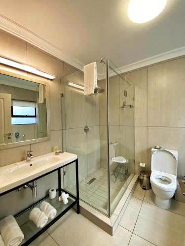 a bathroom with a shower and a sink and a toilet at The Northcliff Boutique Hotel in Johannesburg