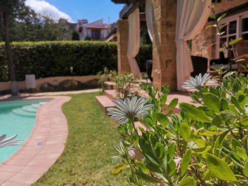 a garden with a swimming pool and a house at Rock House's Villa Melody in Plataniás