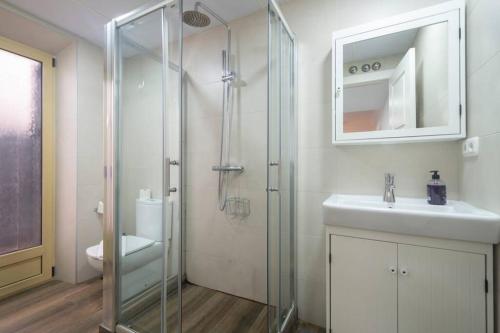 uma casa de banho com uma cabina de duche em vidro e um lavatório. em Fabuloso Piso junto a Paseo de la Bomba em Granada