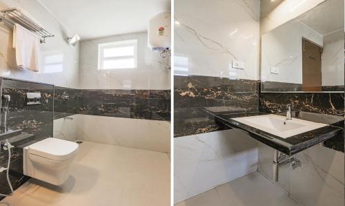 twee foto's van een badkamer met toilet en wastafel bij The Baron in Ooty