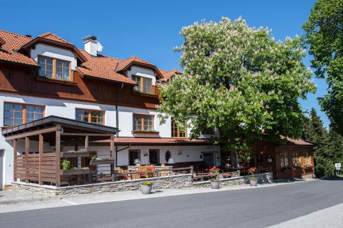 a large white house with a tree on the side of the street at Zum Fally - Landgasthof in Kirchberg am Wechsel