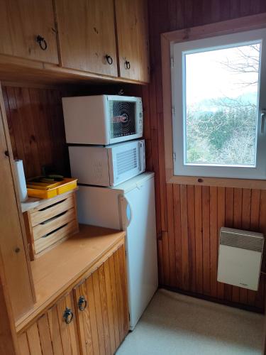 une petite cuisine avec un réfrigérateur et un micro-ondes dans l'établissement Le chalet de Rothenbuhl, à Dabo