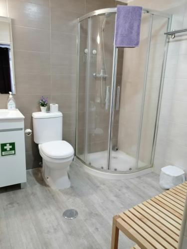 a bathroom with a shower and a white toilet at Aliciamar E by Casas de Setúbal in Setúbal