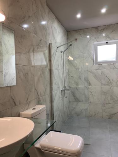 un bagno con doccia, WC e lavandino di Villa Pap a Preveza