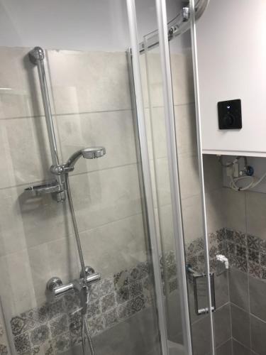eine Dusche mit Glastür im Bad in der Unterkunft Dunasor1 Apartman in Dömsöd