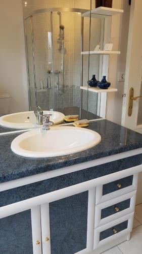 une salle de bain avec un lavabo et une douche dans l'établissement L Eskemm, à Plouaret