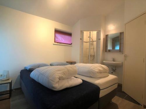 ein Schlafzimmer mit 2 Betten und ein Badezimmer mit einem Waschbecken in der Unterkunft Wielewaal tuinhuis in Cadzand
