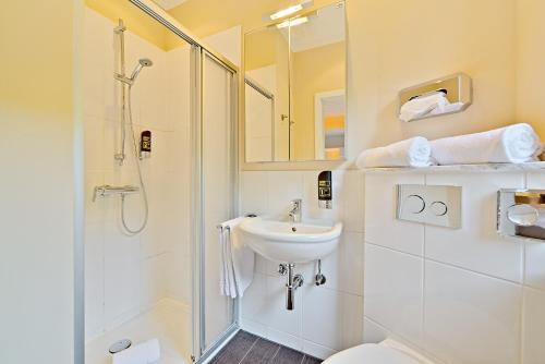 a bathroom with a shower and a sink and a toilet at Hotel Weinberg-Schlößchen in Oberheimbach
