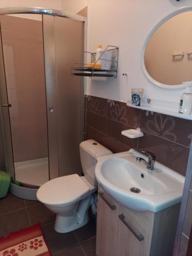 een badkamer met een toilet, een wastafel en een douche bij Apartament Wakacyjny in Rewal
