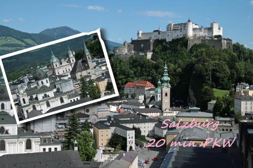 two photographs of a city with a castle on a hill at Haus Schmidt in Berchtesgaden