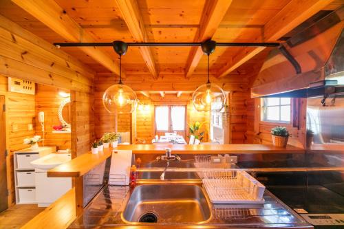 a kitchen with a sink and a wooden wall at Awaji Seaside Log house in Goshiki 1 in Sumoto