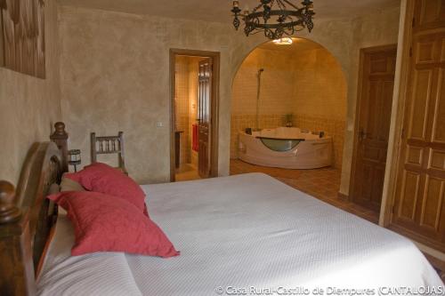 a bedroom with a bed and a tub in a bathroom at Casa Rural Castillo Diempures in Cantalojas