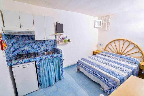 a small room with a bed and a kitchen at SOLEMAREPONZA Casa Bougainvillea in Ponza