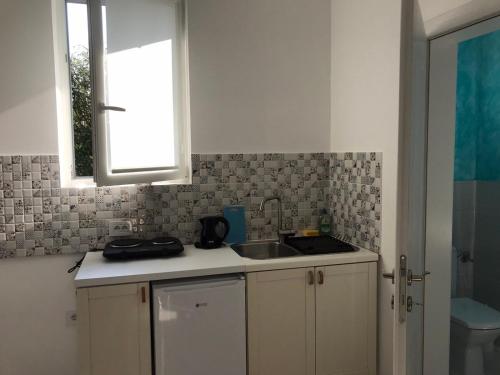 Una pequeña cocina con fregadero y ventana. en Lilly 2, en Palić