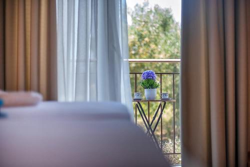 a bedroom with a bed and a window with a plant on a table at Valery Apartments in Pefkohori