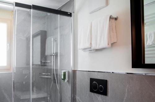 a shower with a glass door in a bathroom at Hotel Hemizeus & Iremia Spa in Zermatt