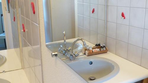 a bathroom with a sink and a mirror at Erdeven - Petite maison de vacances près de la plage de Kerhilio in Erdeven