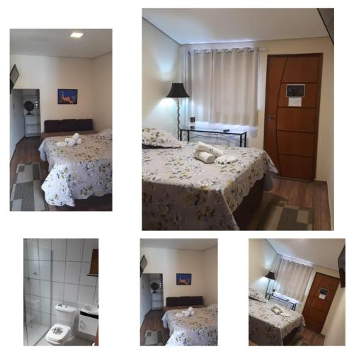 a collage of four pictures of a bedroom at Meu cantinho in Serra Negra