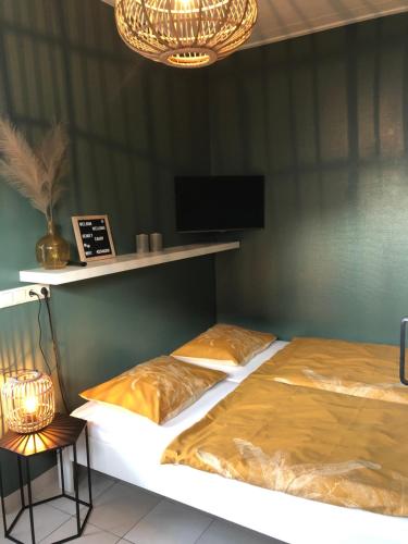 two beds in a room with a tv and a lamp at Nieboer in Vrouwenpolder