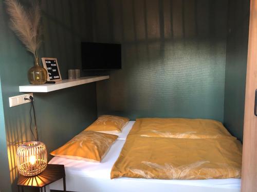 フラウウェンポルデルにあるNieboerのベッドルーム1室(ベッド2台、壁にテレビ付)