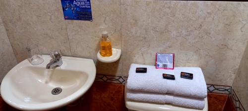 ボゴタにあるHoteles Bogotá Inn Turisticas 63のバスルーム(洗面台、トイレ、タオル付)
