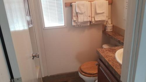 a bathroom with a toilet and a sink and a window at Willow Bay RV Resort & Marina in Nine Mile Falls