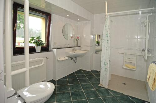 a white bathroom with a toilet and a sink at Familienhotel Brandtsheide in Jeserig