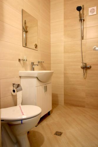 a bathroom with a toilet and a sink and a shower at Къща за гости Тони in Zlatograd
