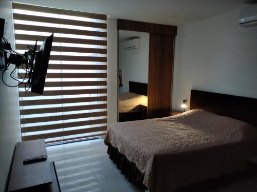 a bedroom with a bed and a window with a television at Private Garzonier Las Palmas in Santa Cruz de la Sierra