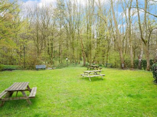 two picnic tables in the grass in a park at Serene Holiday Home in Ulestraten near Private Forest in Ulestraten